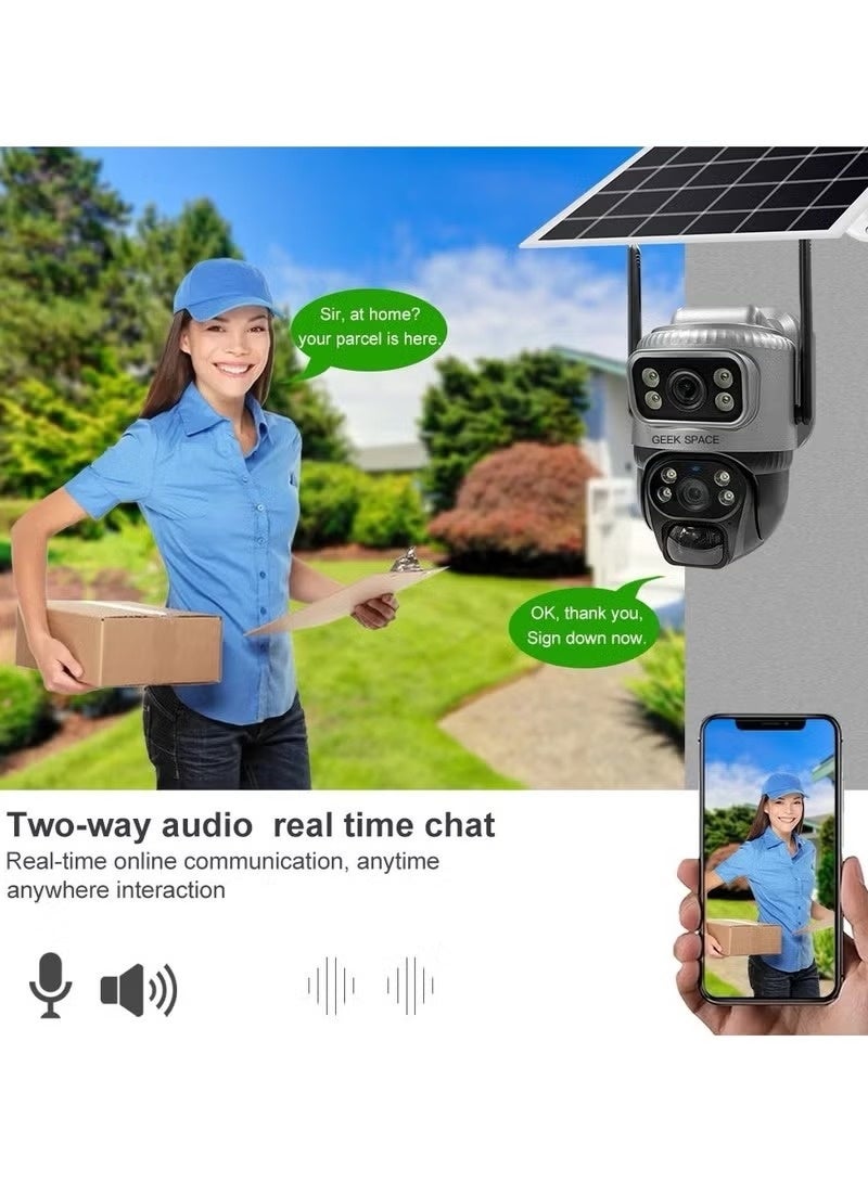 في 380 كاميرا مراقبة تعمل بالطاقة الشمسية بتقنية الجيل الرابع، مزودة بعدسة مزدوجة للمراقبة الخارجية عبر شريحة SIM بتقنية الجيل الرابع، وكاميرا PTZ IP بدقة 2K، ورؤية ليلية ملونة، وخاصية كشف الحركة، وصوت ثنائي الاتجاه، ومقاومة للماء والغبار بمعيار IP66، وإمكانية التخزين على بطاقة SD أو السحابة. - Image 5